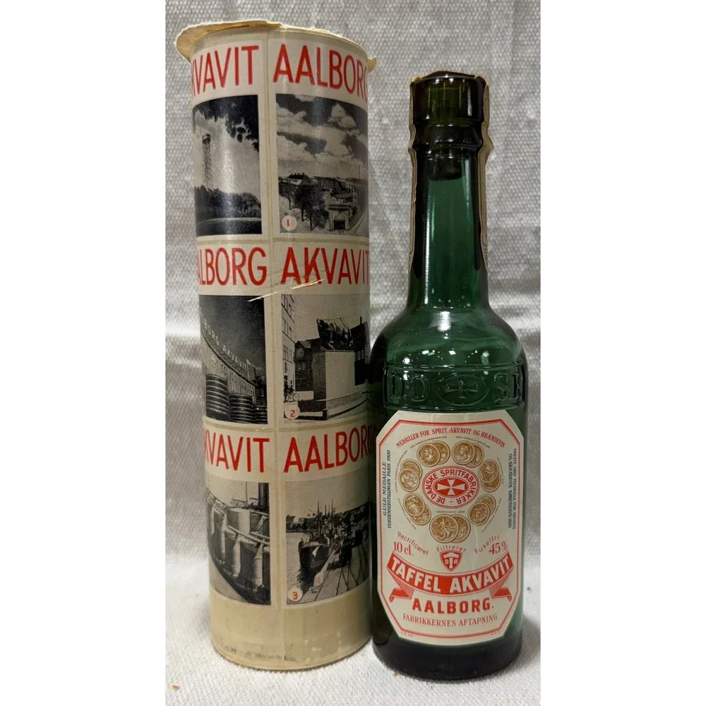 Vintage Aalborg Taffel Akvavit Green Glass bttle with Decorative Tube 10cl Empty